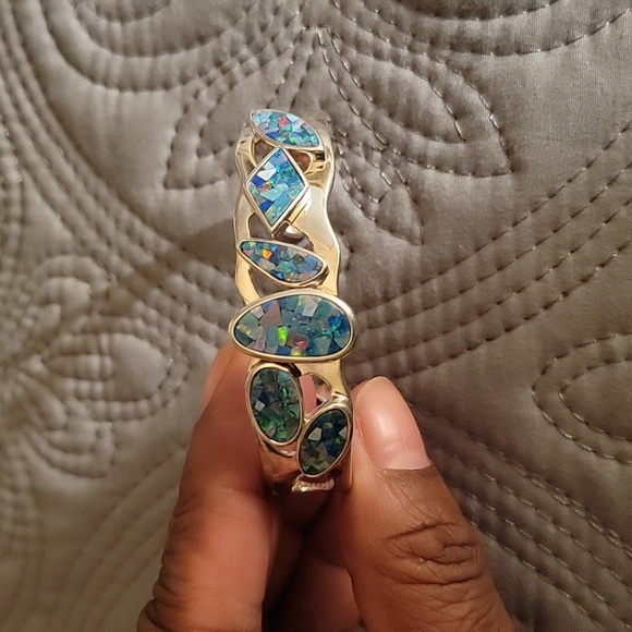 Whitney Kelly Sterling Silver Mosaic Inlay Blue Fire Opal Stone Cuff Bracelet - Picture 3 of 6